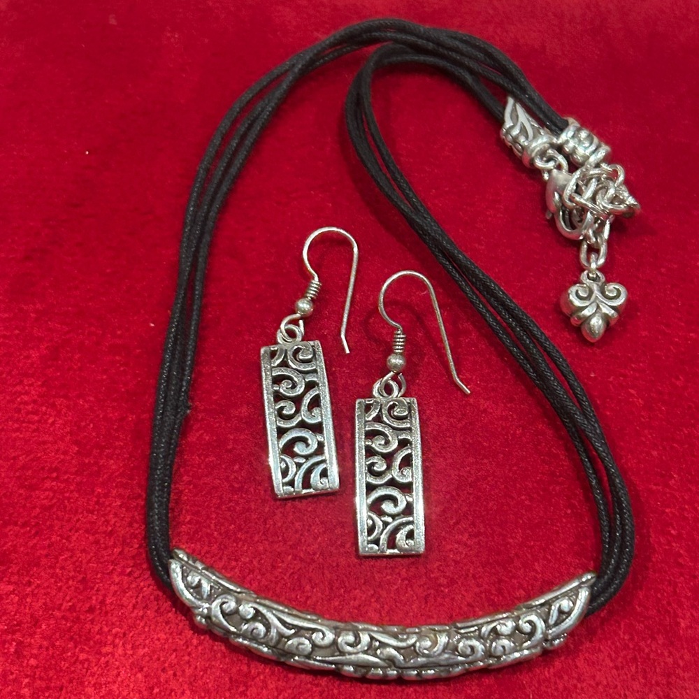 BRIGHTON CONTEMPO Silver Scrolled Bar 3-Strand Black Cord Necklace Earrings SET
